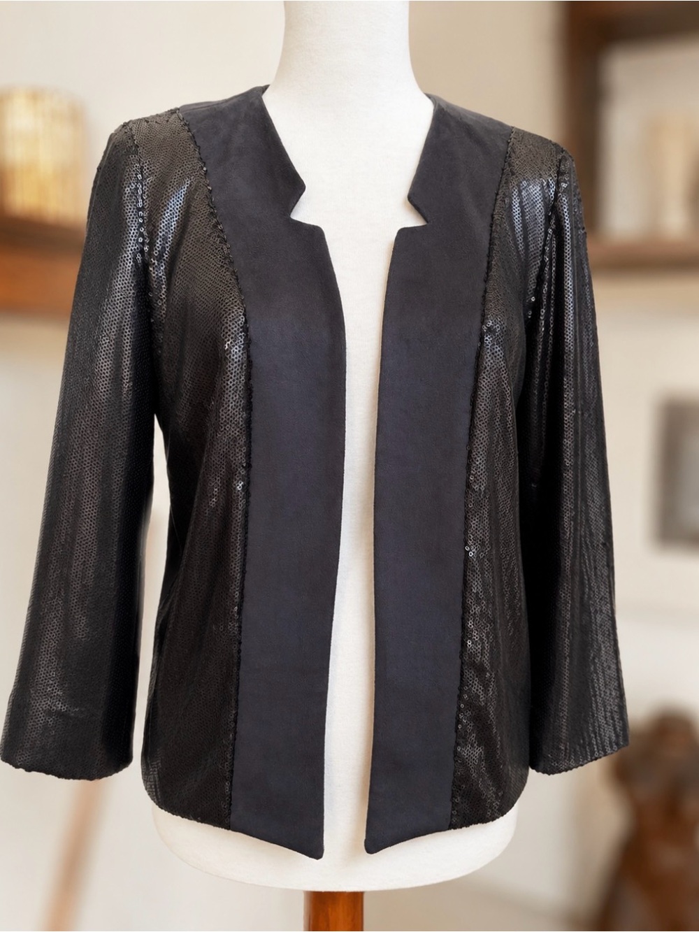 Anthropologie Black Sequin Open Front Jacket Blazer Cardigan SP